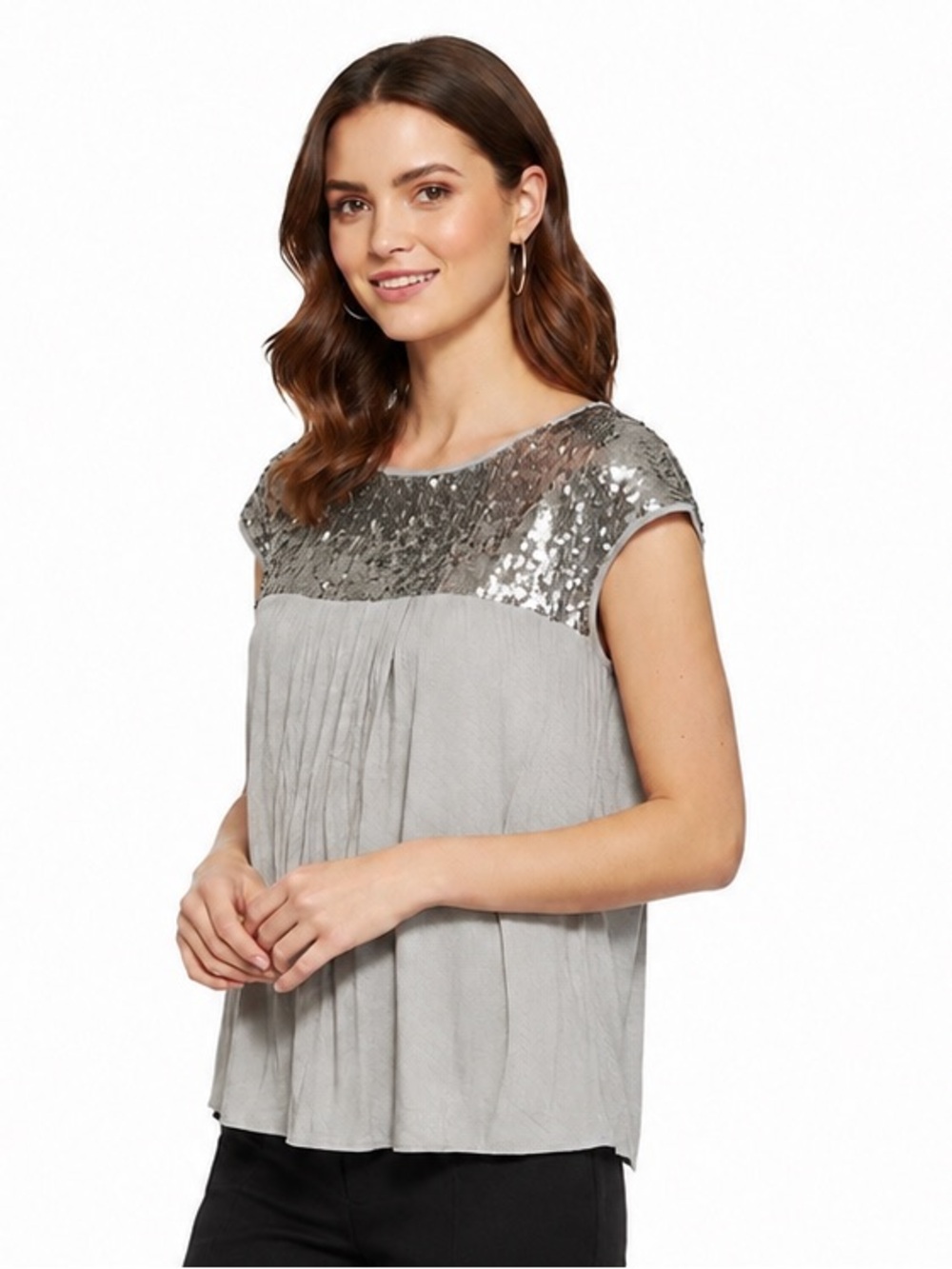 Chelsea & Violet grey silver blouse metal sequin yoke boat neck cotton MEDIUM
